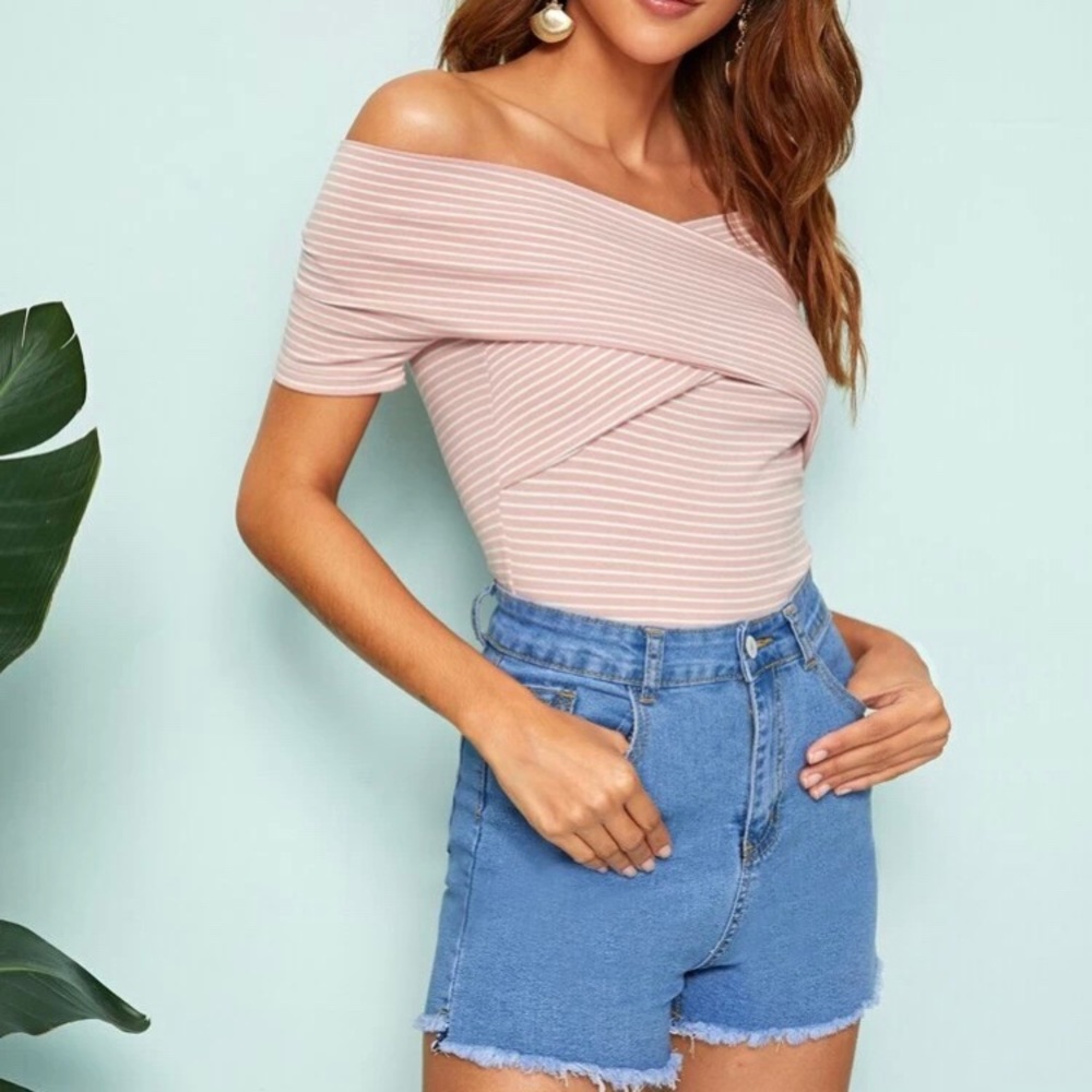Pink w/White Stripes Off Shoulder Bodysuit, M(6) - Picture 2 of 8